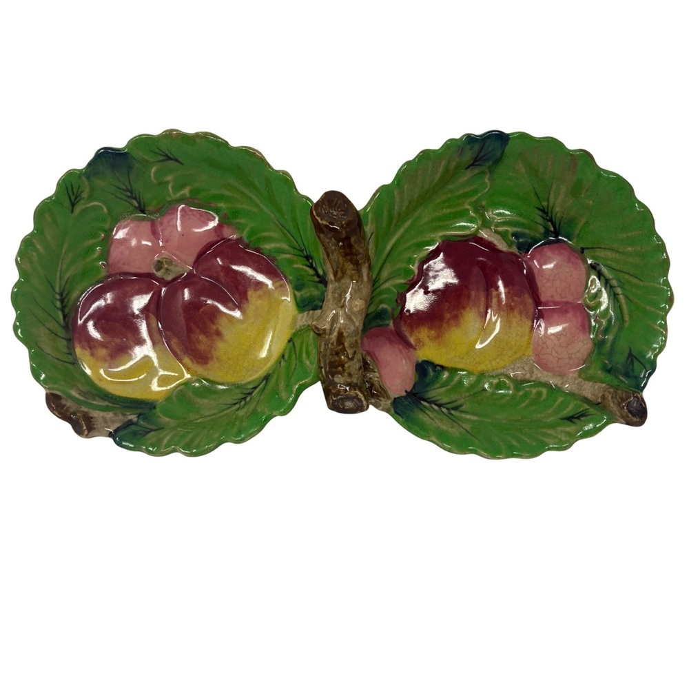Majolica Ceramic Divided Horderves Tray Leaves & Fruit Serving Dish Vintage